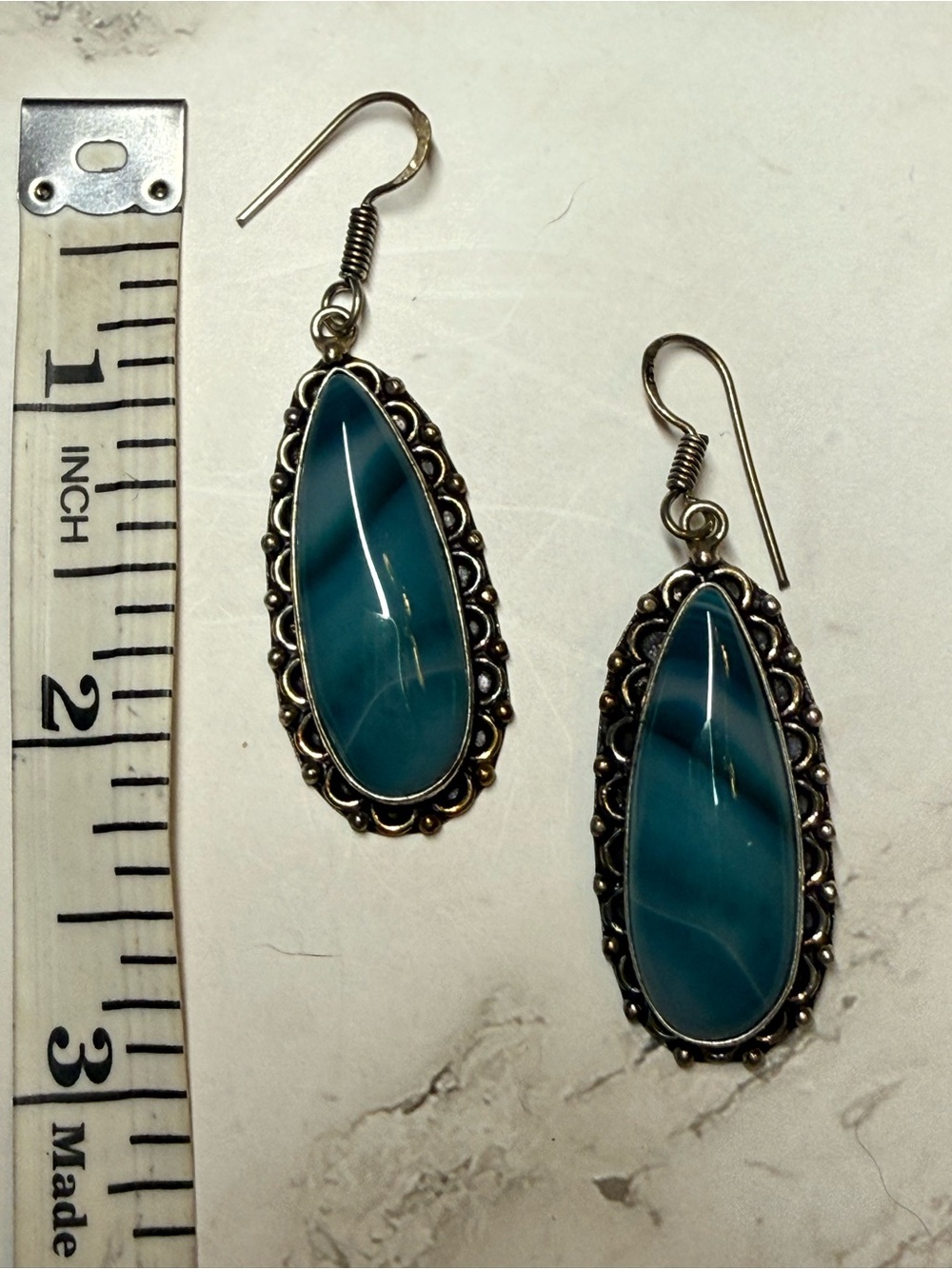 Teardrop Blue agate Stone Dangle Earrings - Classic Silver Accent